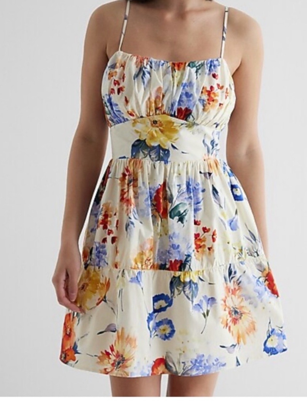 Express White Floral Mini Dress with Red, Blue and Yellow Blooms